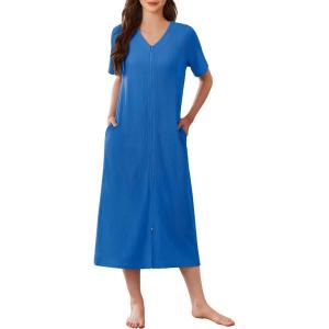 Ekouaer Zip Up Robe for Women Long Housecoat Waffle Knit Bathrobes Cozy Full Length Nightgown with Pockets S-4XL