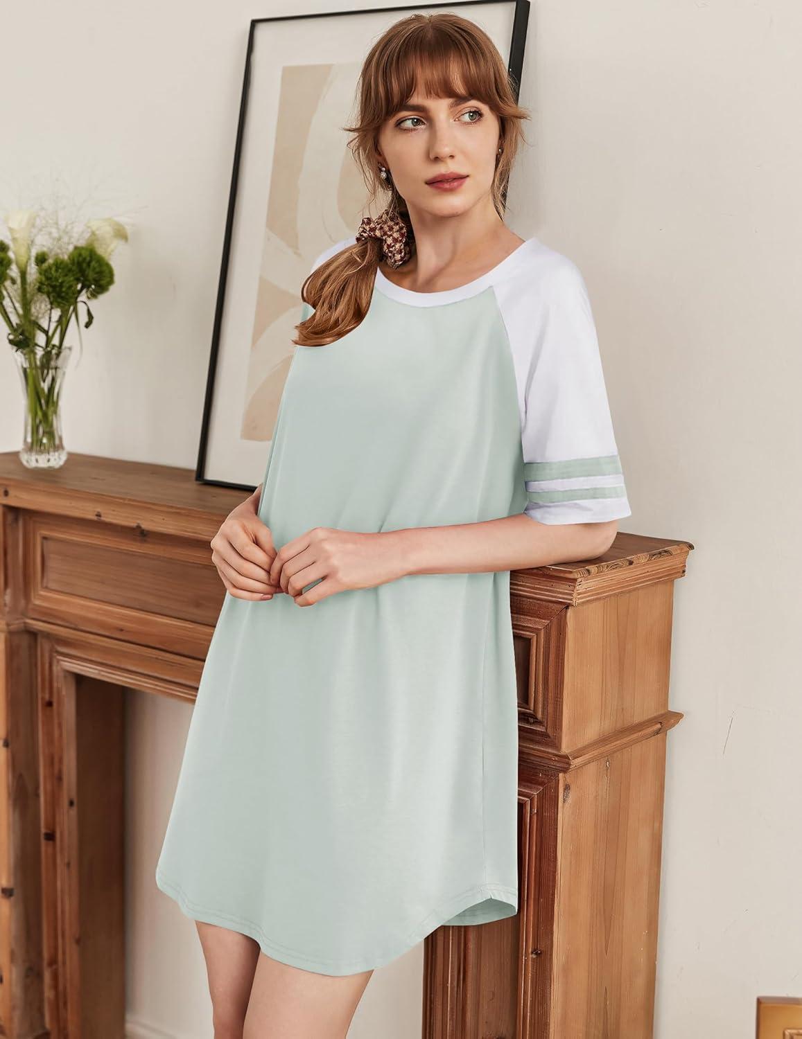 imageEkouaer Cotton Nightgowns for Women Short Sleeve Sleep Shirts Crew Neck Night Shirts Soft Color Block Night GownLight Green
