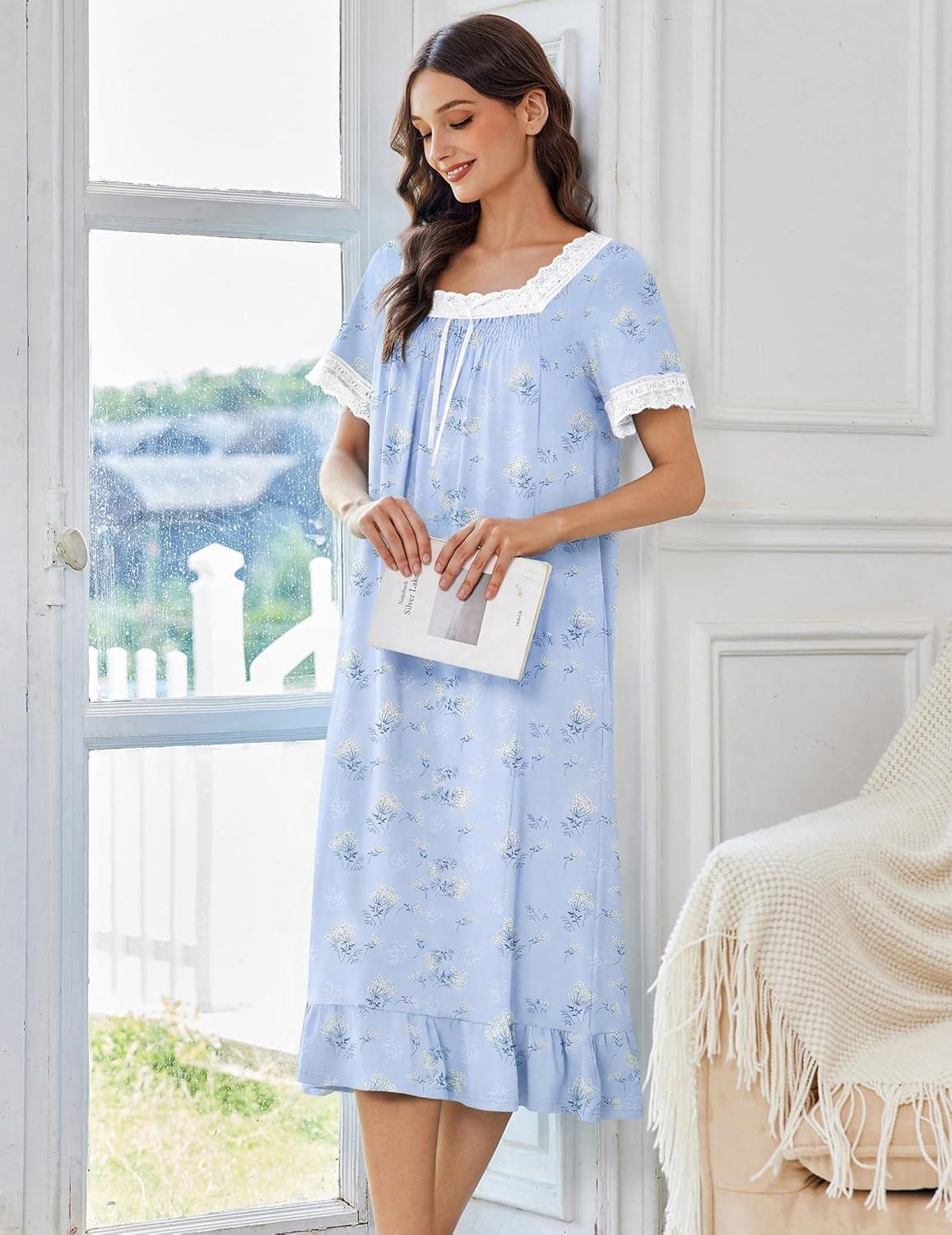 imageEkouaer Cotton Nightgowns for Women Vintage Victorian Nightgown Short Sleeve Lace Night Gown Long Nightdress Soft NightshirtBlue Flowers