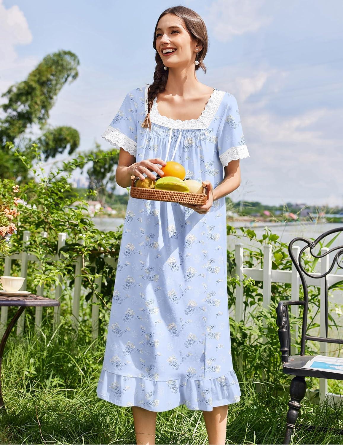imageEkouaer Cotton Nightgowns for Women Vintage Victorian Nightgown Short Sleeve Lace Night Gown Long Nightdress Soft NightshirtBlue Flowers