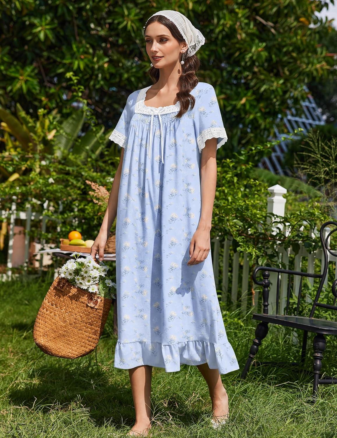 imageEkouaer Cotton Nightgowns for Women Vintage Victorian Nightgown Short Sleeve Lace Night Gown Long Nightdress Soft NightshirtBlue Flowers