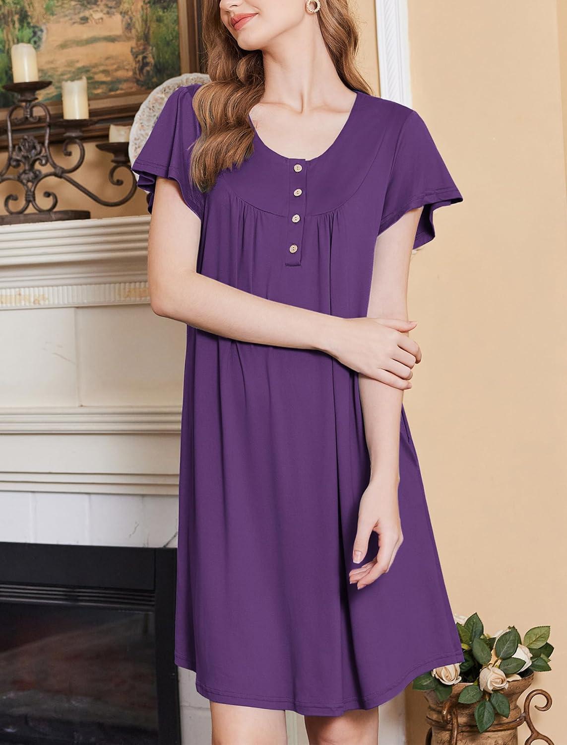 imageEkouaer House Dress for Women with Pockets Short Sleeve Moo Moos Plus Size Nightgowns Floral Print Mumu DressesDeep Purple