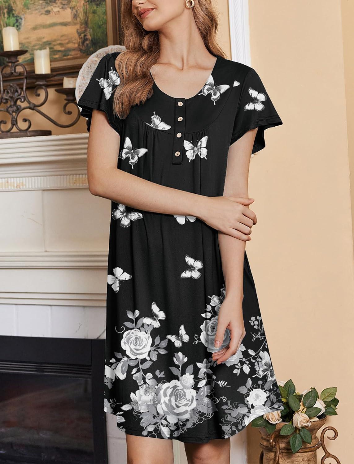 imageEkouaer House Dress for Women with Pockets Short Sleeve Moo Moos Plus Size Nightgowns Floral Print Mumu DressesNew Butterfly Black