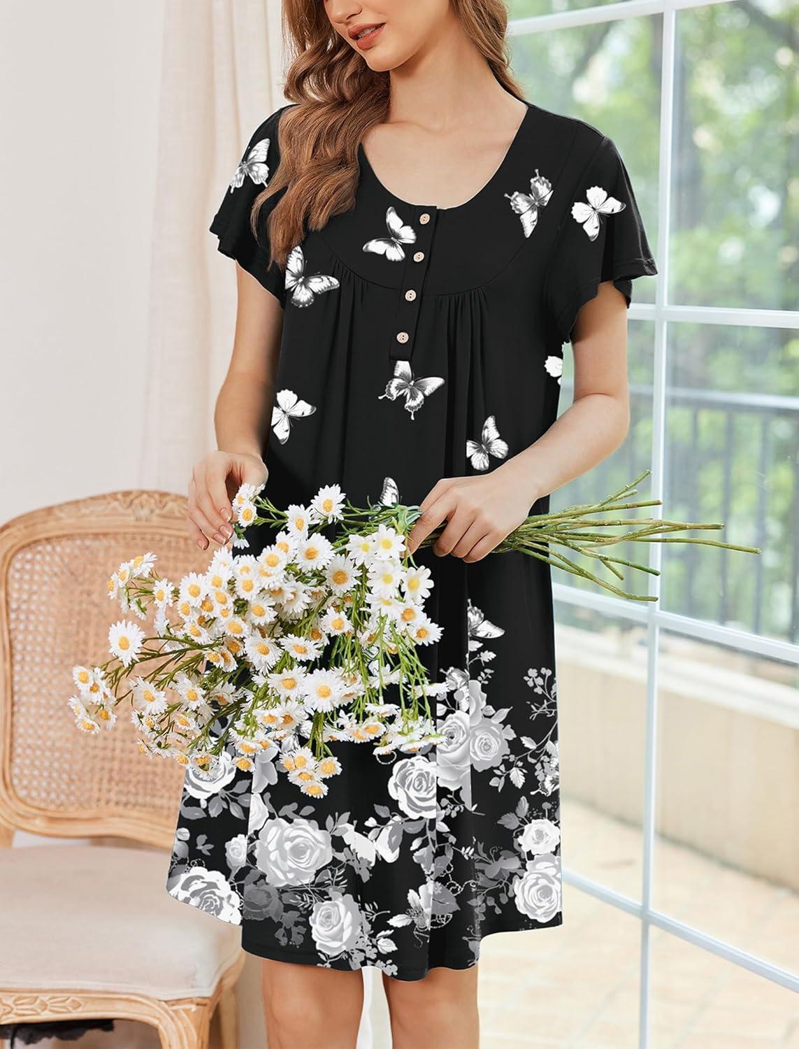 imageEkouaer House Dress for Women with Pockets Short Sleeve Moo Moos Plus Size Nightgowns Floral Print Mumu DressesNew Butterfly Black