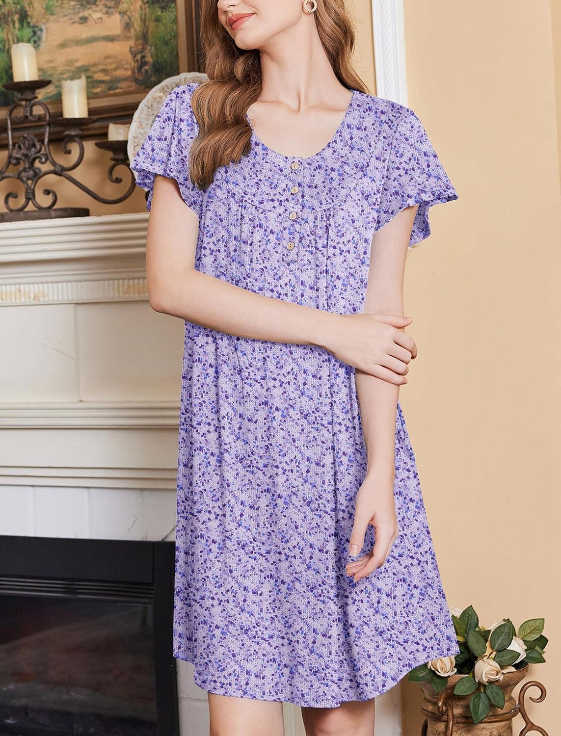 imageEkouaer House Dress for Women with Pockets Short Sleeve Moo Moos Plus Size Nightgowns Floral Print Mumu DressesSmall Florals Purple
