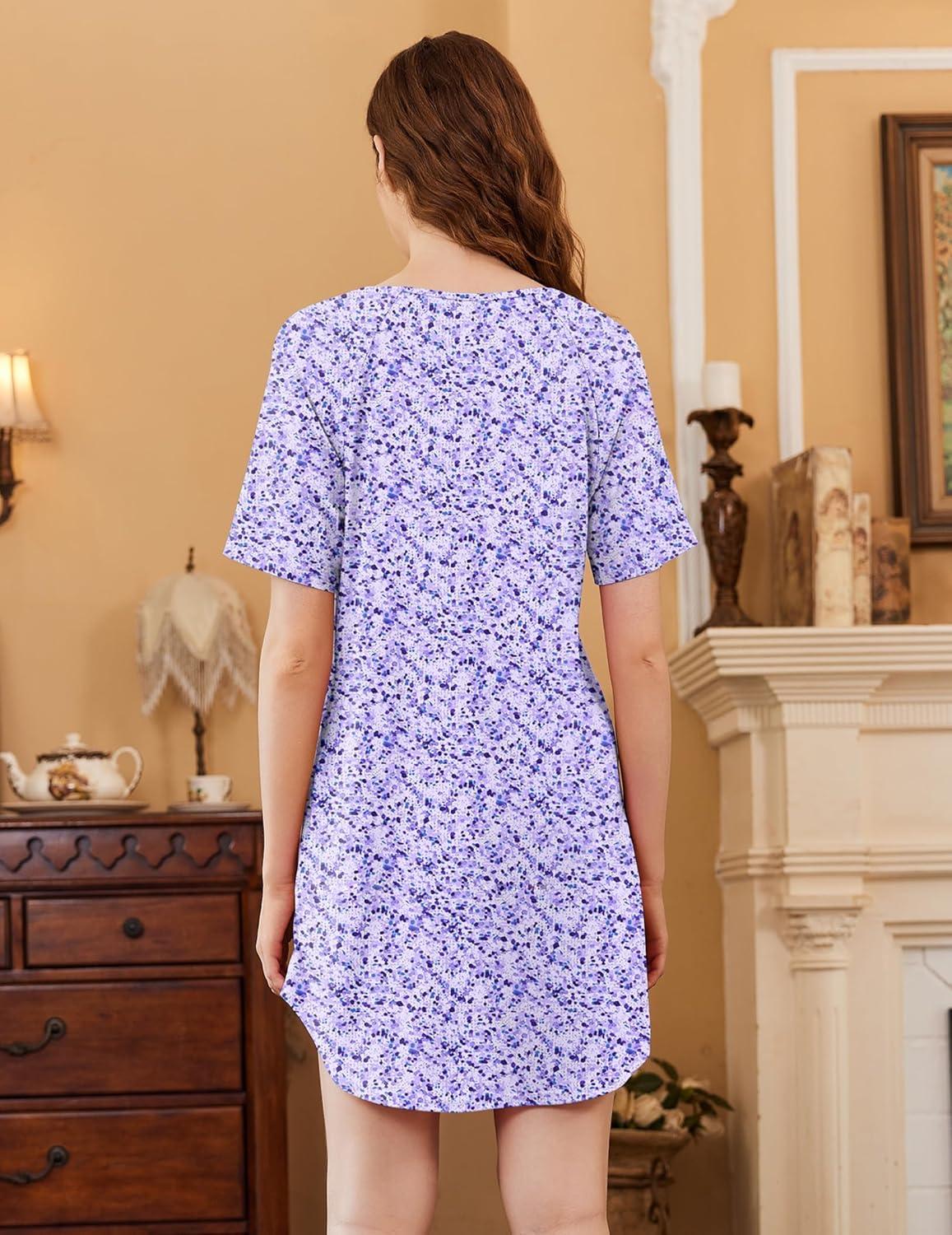 imageEkouaer Nightgowns for Women 3 Pack Sleep Shirts Short Sleeve Nightshirt Pullover Nightdress Soft Sleepwear SXXXLBlue StarsPink FloralsPurple Abstract Dots