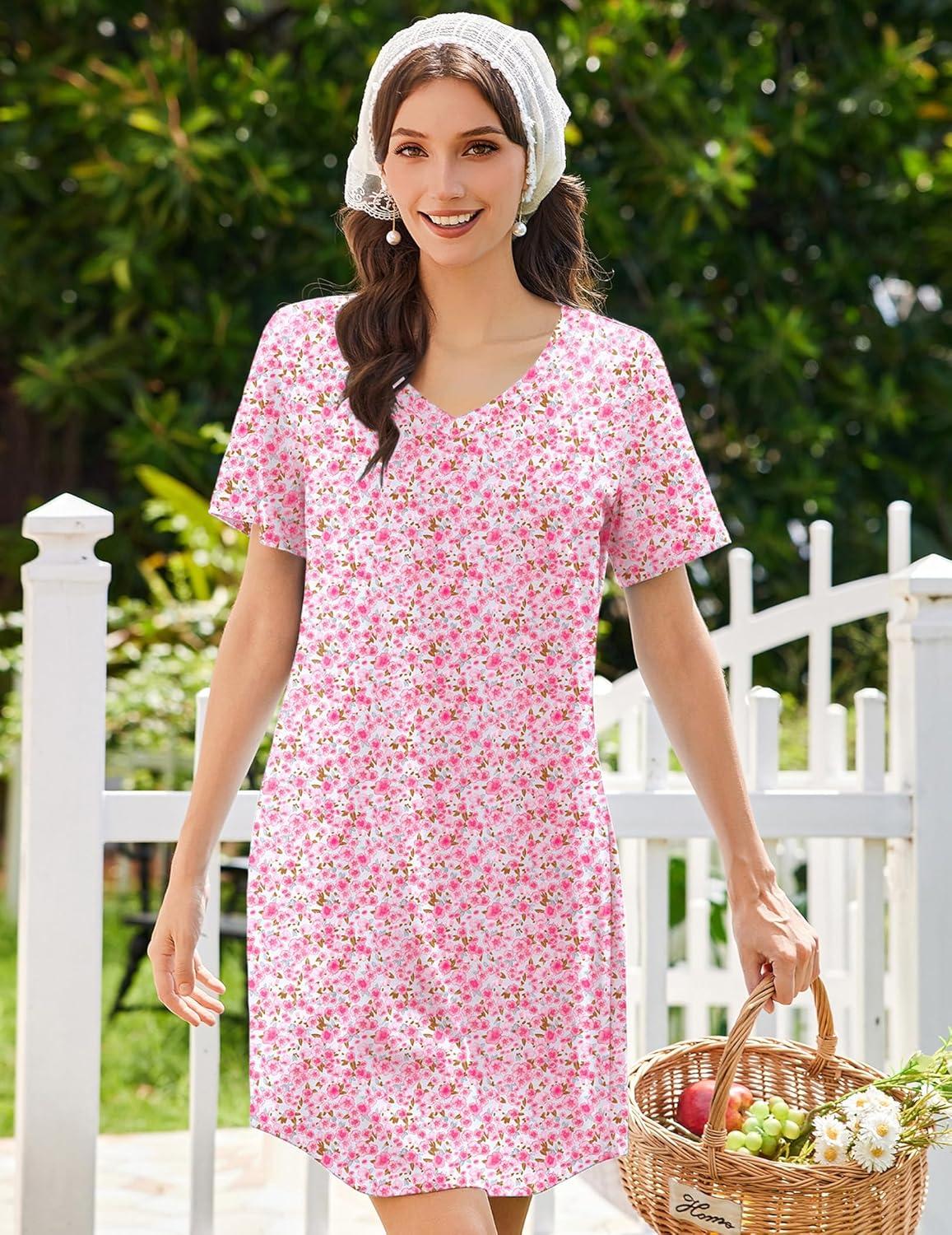imageEkouaer Nightgowns for Women Bamboo Viscose Sleep Shirts Short Sleeve Night Shirts Casual Sleep Dress Soft SleepwearPink Floral