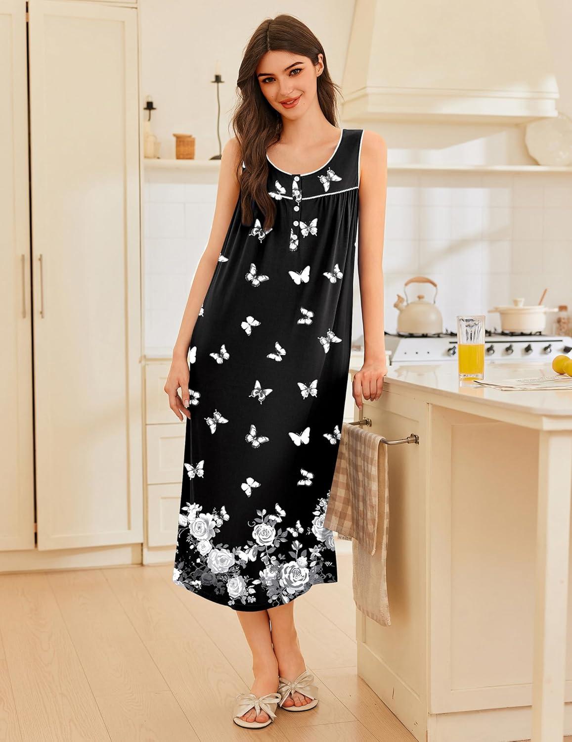 imageEkouaer Nightgowns for Women Long Sleeveless Night Gowns Ladies Soft Nightdress Victorian Sleepwear with Pockets SXXXLBlack White Butterfly