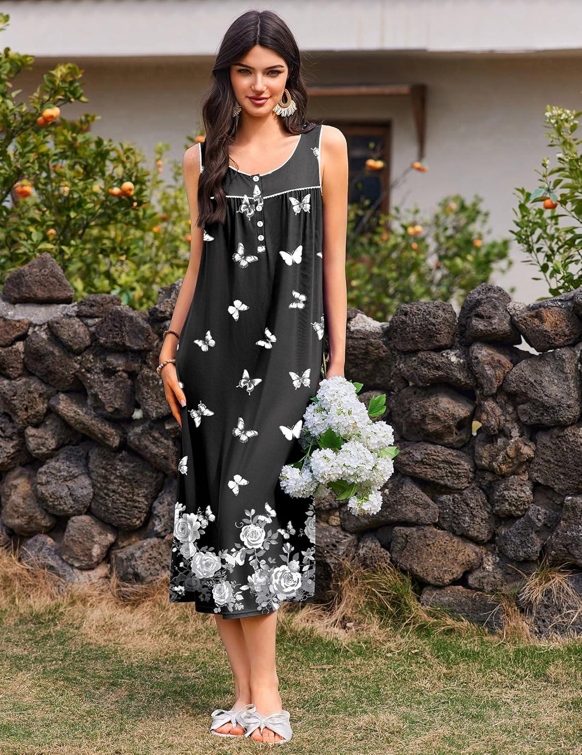 imageEkouaer Nightgowns for Women Long Sleeveless Night Gowns Ladies Soft Nightdress Victorian Sleepwear with Pockets SXXXLBlack White Butterfly