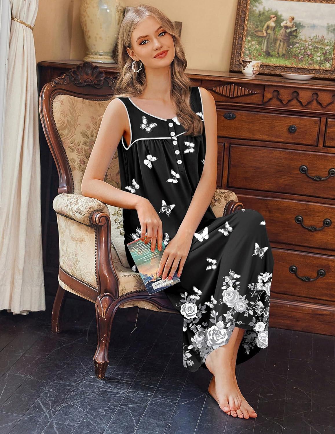 imageEkouaer Nightgowns for Women Long Sleeveless Night Gowns Ladies Soft Nightdress Victorian Sleepwear with Pockets SXXXLBlack White Butterfly