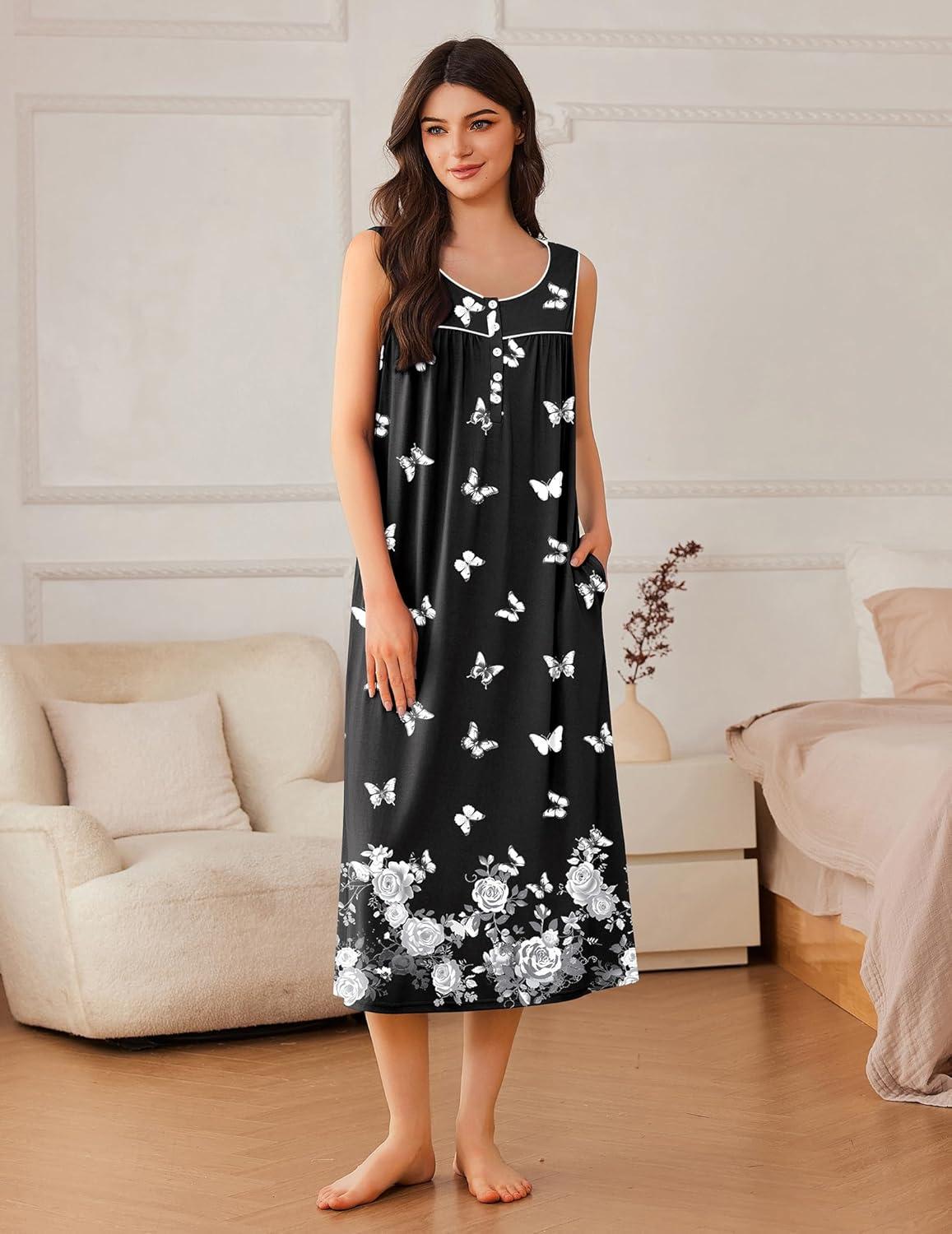 imageEkouaer Nightgowns for Women Long Sleeveless Night Gowns Ladies Soft Nightdress Victorian Sleepwear with Pockets SXXXLBlack White Butterfly