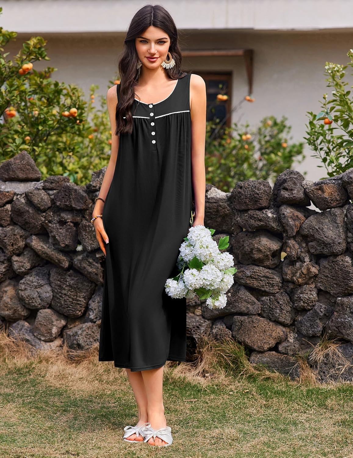 imageEkouaer Nightgowns for Women Long Sleeveless Night Gowns Ladies Soft Nightdress Victorian Sleepwear with Pockets SXXXLBlack
