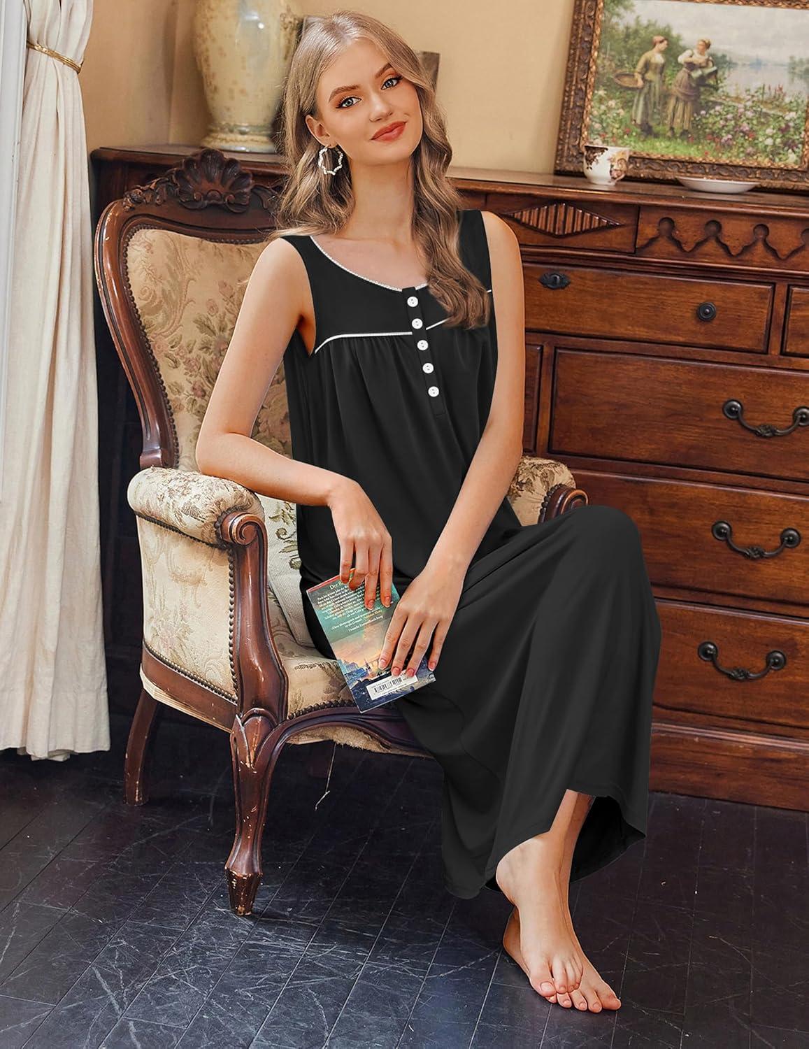 imageEkouaer Nightgowns for Women Long Sleeveless Night Gowns Ladies Soft Nightdress Victorian Sleepwear with Pockets SXXXLBlack