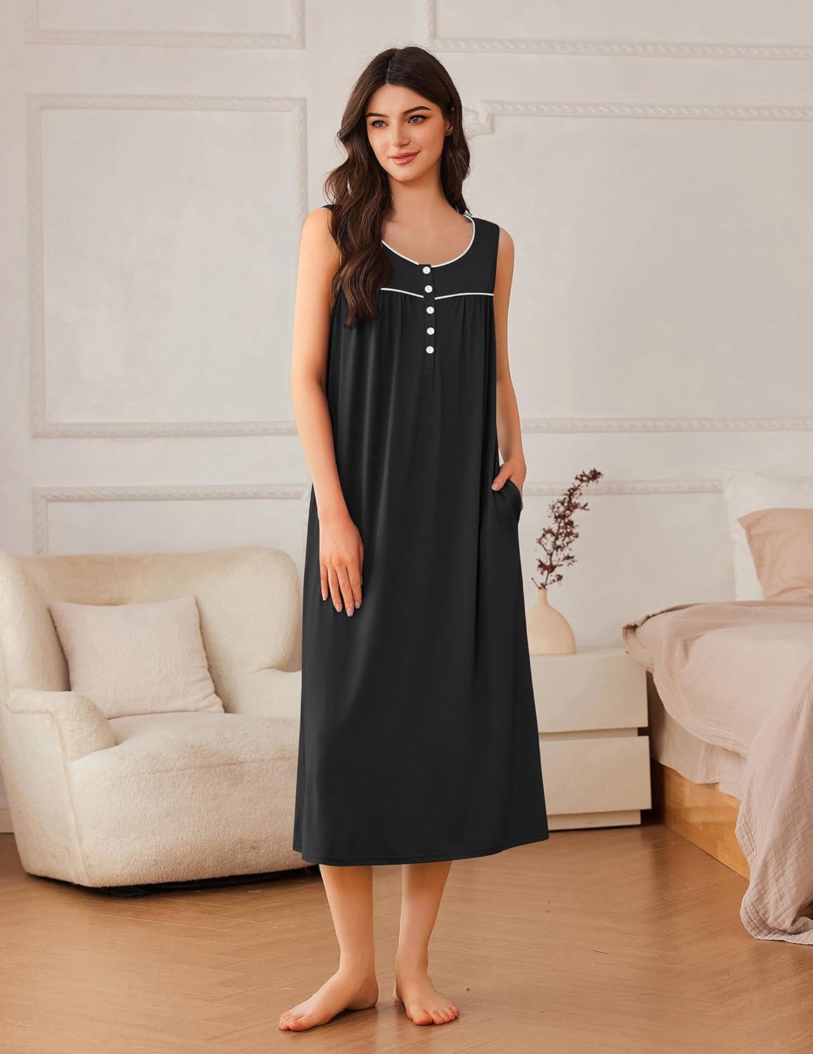 imageEkouaer Nightgowns for Women Long Sleeveless Night Gowns Ladies Soft Nightdress Victorian Sleepwear with Pockets SXXXLBlack