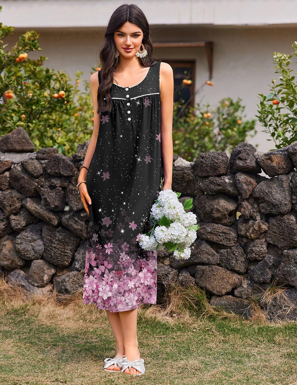 imageEkouaer Nightgowns for Women Long Sleeveless Night Gowns Ladies Soft Nightdress Victorian Sleepwear with Pockets SXXXLBlack Pink Sakura