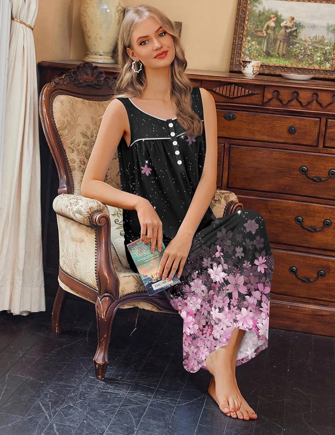 imageEkouaer Nightgowns for Women Long Sleeveless Night Gowns Ladies Soft Nightdress Victorian Sleepwear with Pockets SXXXLBlack Pink Sakura