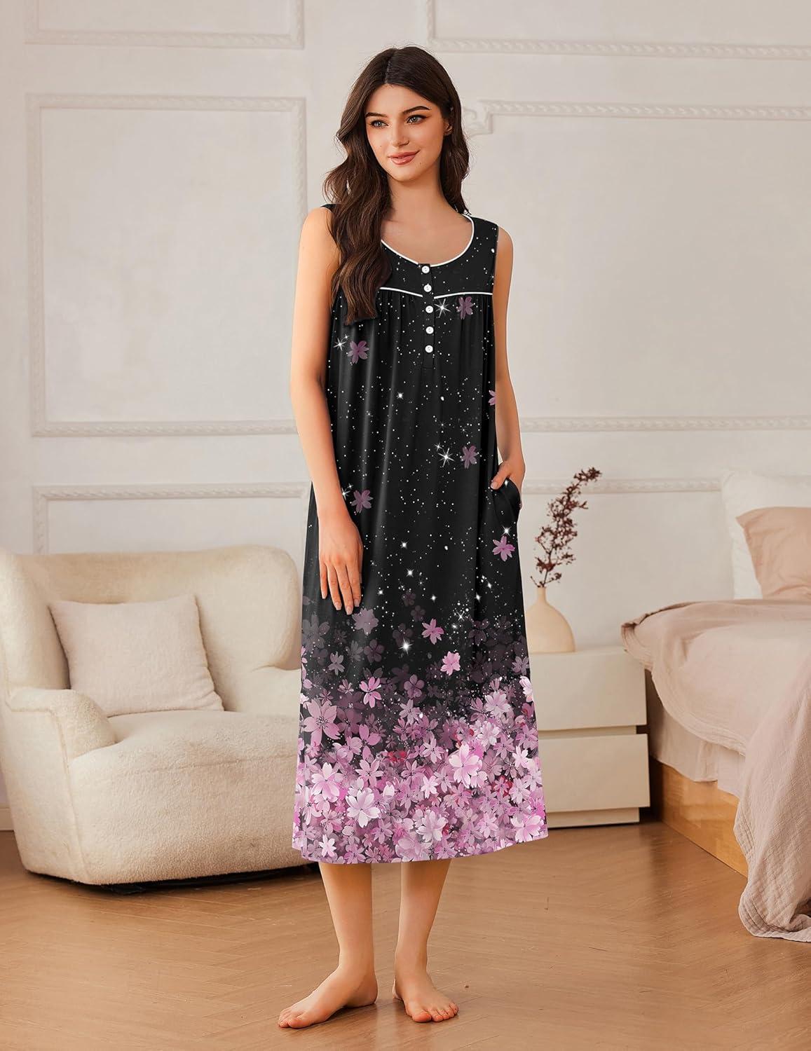 imageEkouaer Nightgowns for Women Long Sleeveless Night Gowns Ladies Soft Nightdress Victorian Sleepwear with Pockets SXXXLBlack Pink Sakura