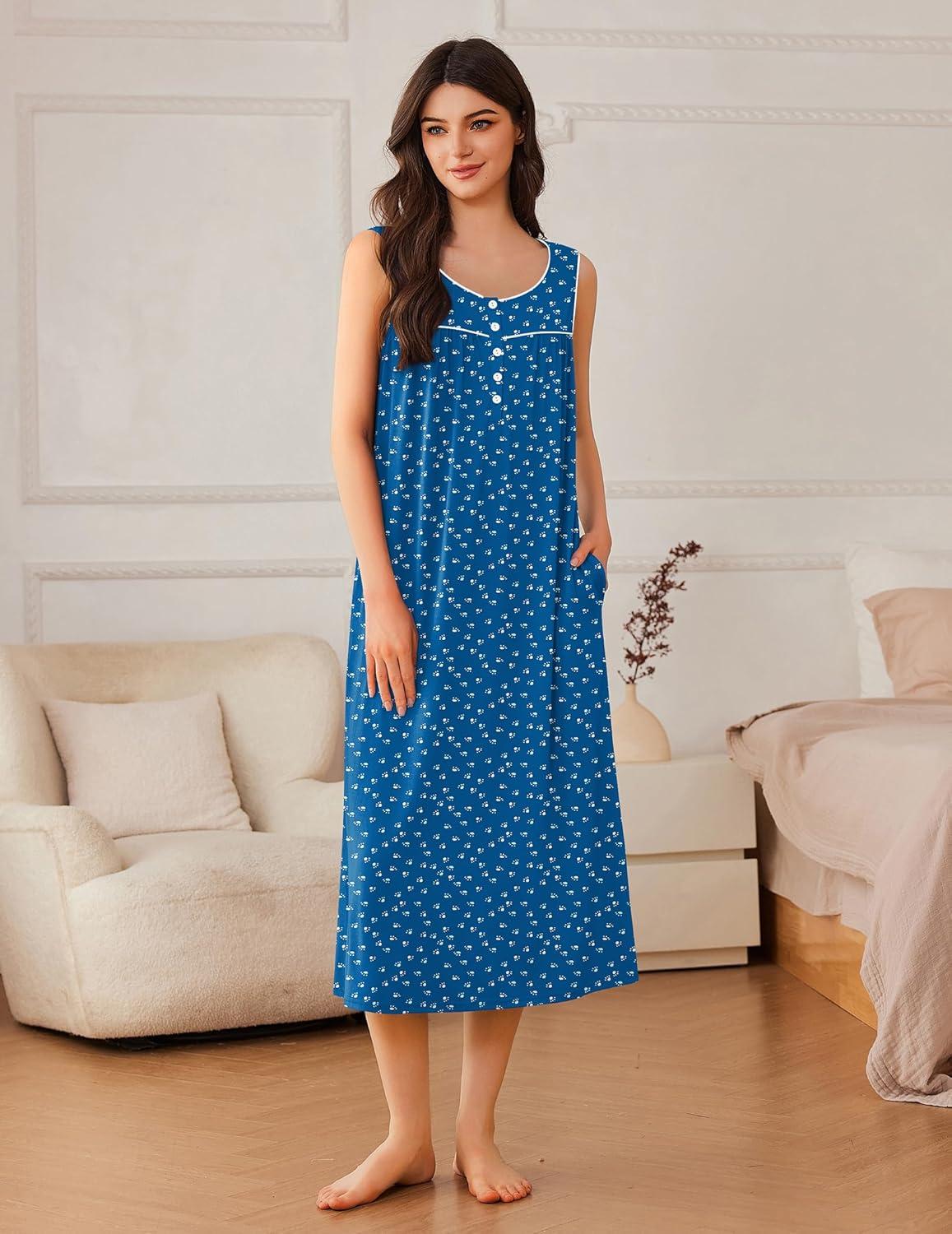 imageEkouaer Nightgowns for Women Long Sleeveless Night Gowns Ladies Soft Nightdress Victorian Sleepwear with Pockets SXXXLBlue White Dogfoot
