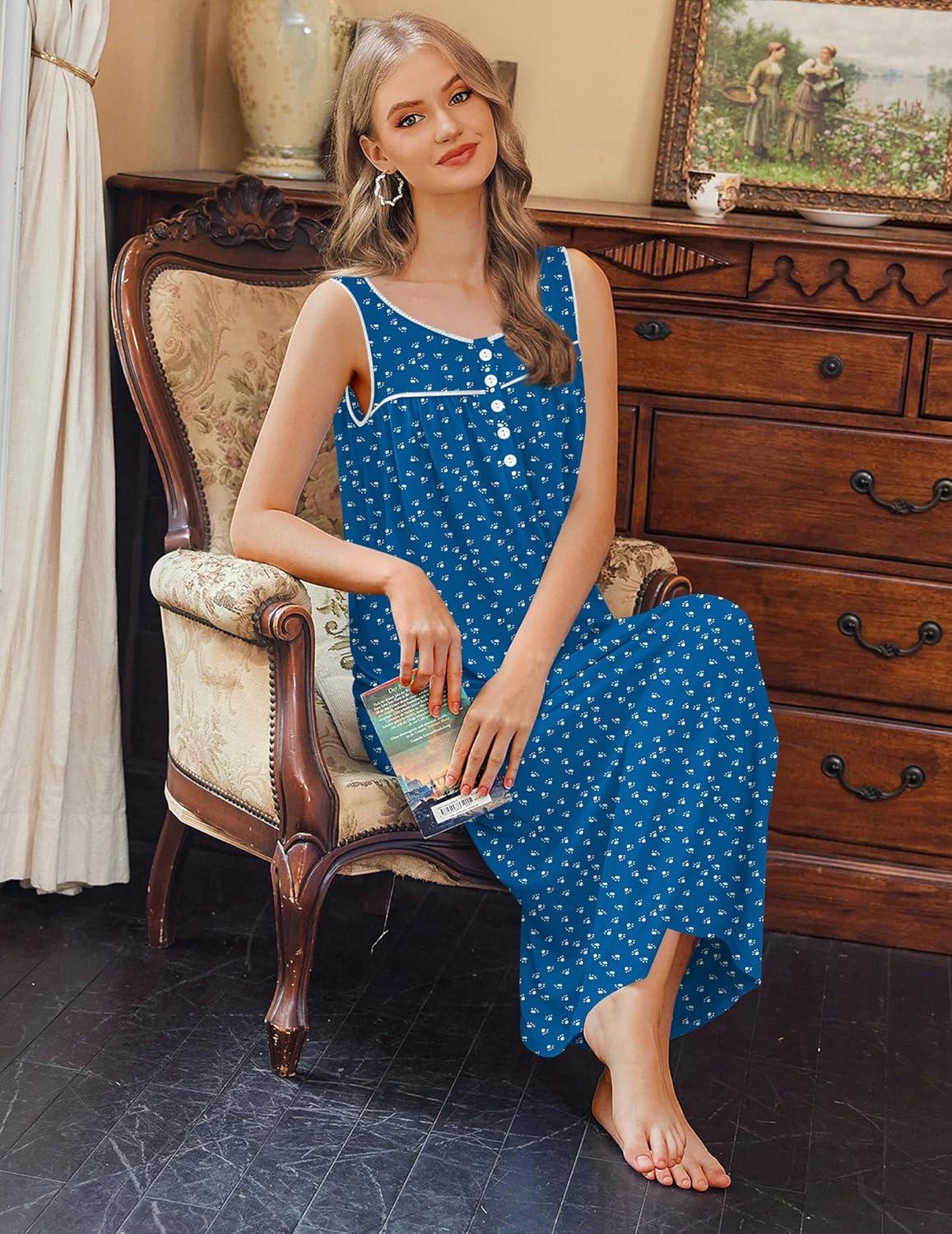 imageEkouaer Nightgowns for Women Long Sleeveless Night Gowns Ladies Soft Nightdress Victorian Sleepwear with Pockets SXXXLBlue White Dogfoot