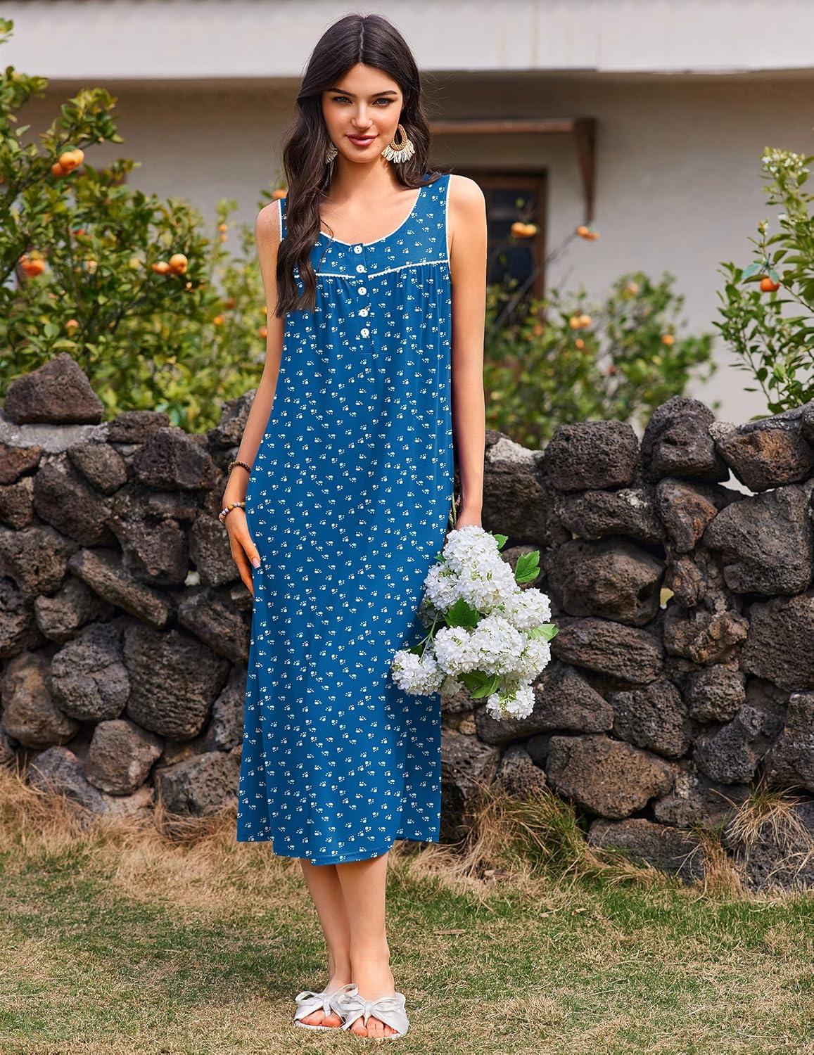 imageEkouaer Nightgowns for Women Long Sleeveless Night Gowns Ladies Soft Nightdress Victorian Sleepwear with Pockets SXXXLBlue White Dogfoot