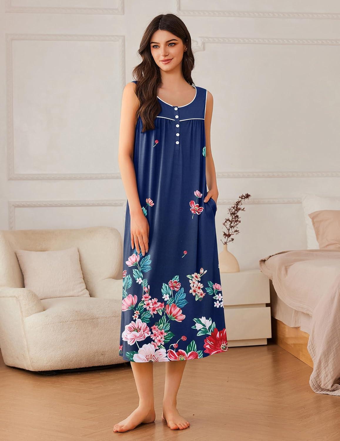 imageEkouaer Nightgowns for Women Long Sleeveless Night Gowns Ladies Soft Nightdress Victorian Sleepwear with Pockets SXXXLBlue Red Flower