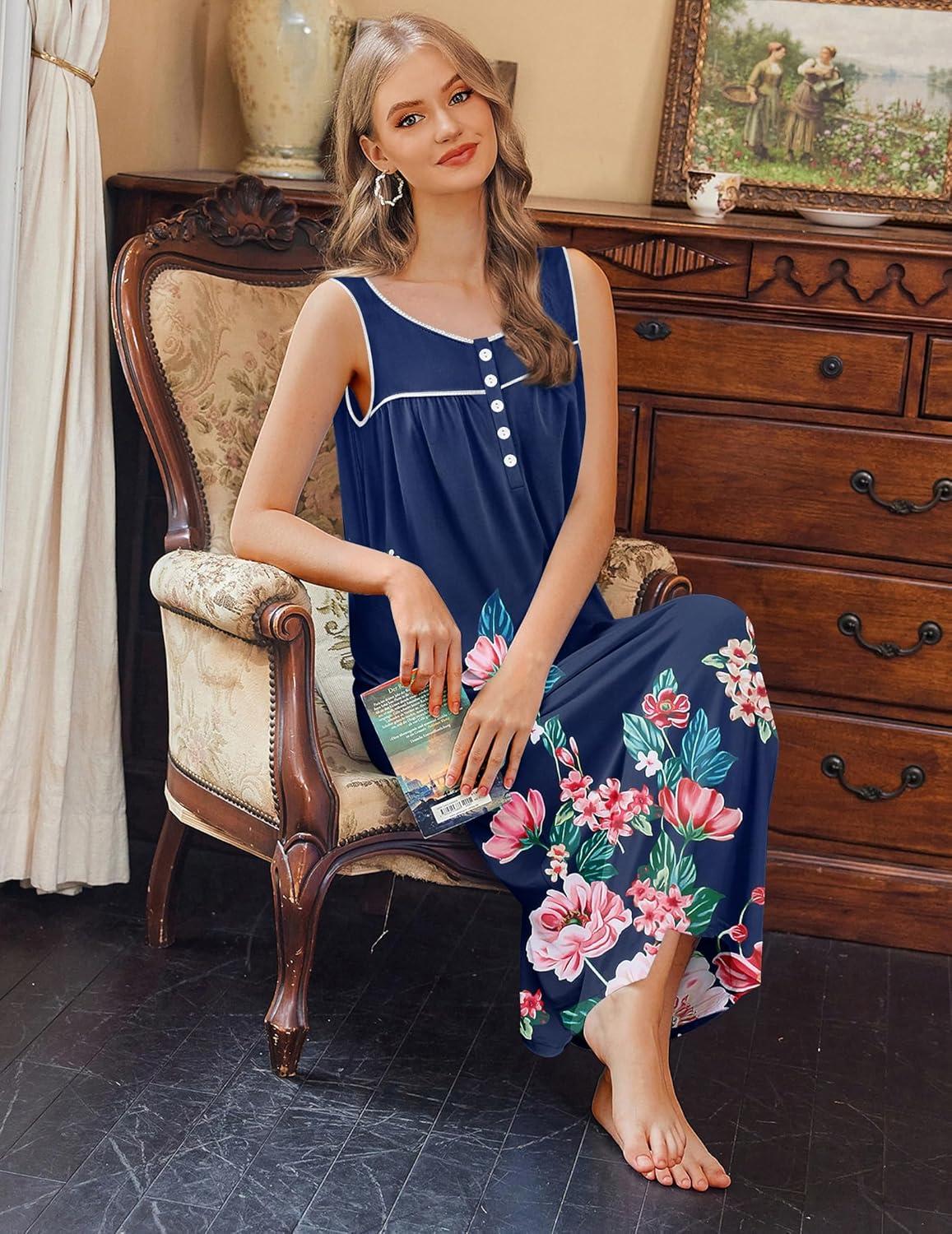 imageEkouaer Nightgowns for Women Long Sleeveless Night Gowns Ladies Soft Nightdress Victorian Sleepwear with Pockets SXXXLBlue Red Flower
