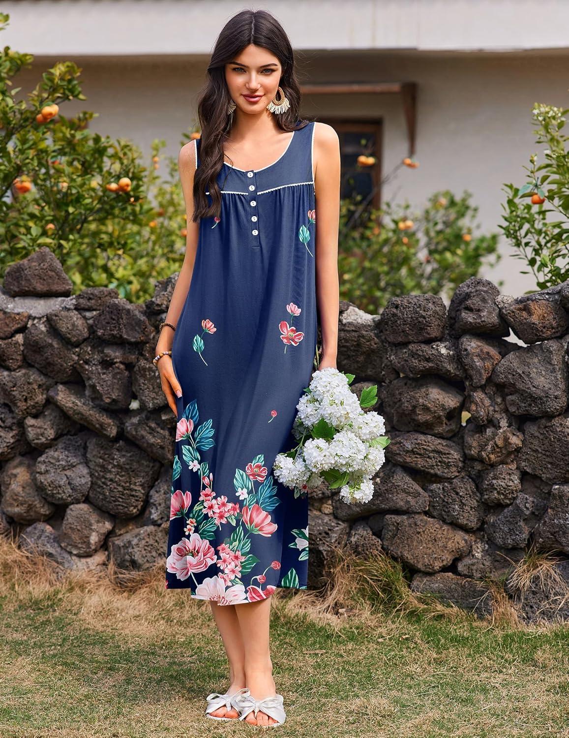 imageEkouaer Nightgowns for Women Long Sleeveless Night Gowns Ladies Soft Nightdress Victorian Sleepwear with Pockets SXXXLBlue Red Flower