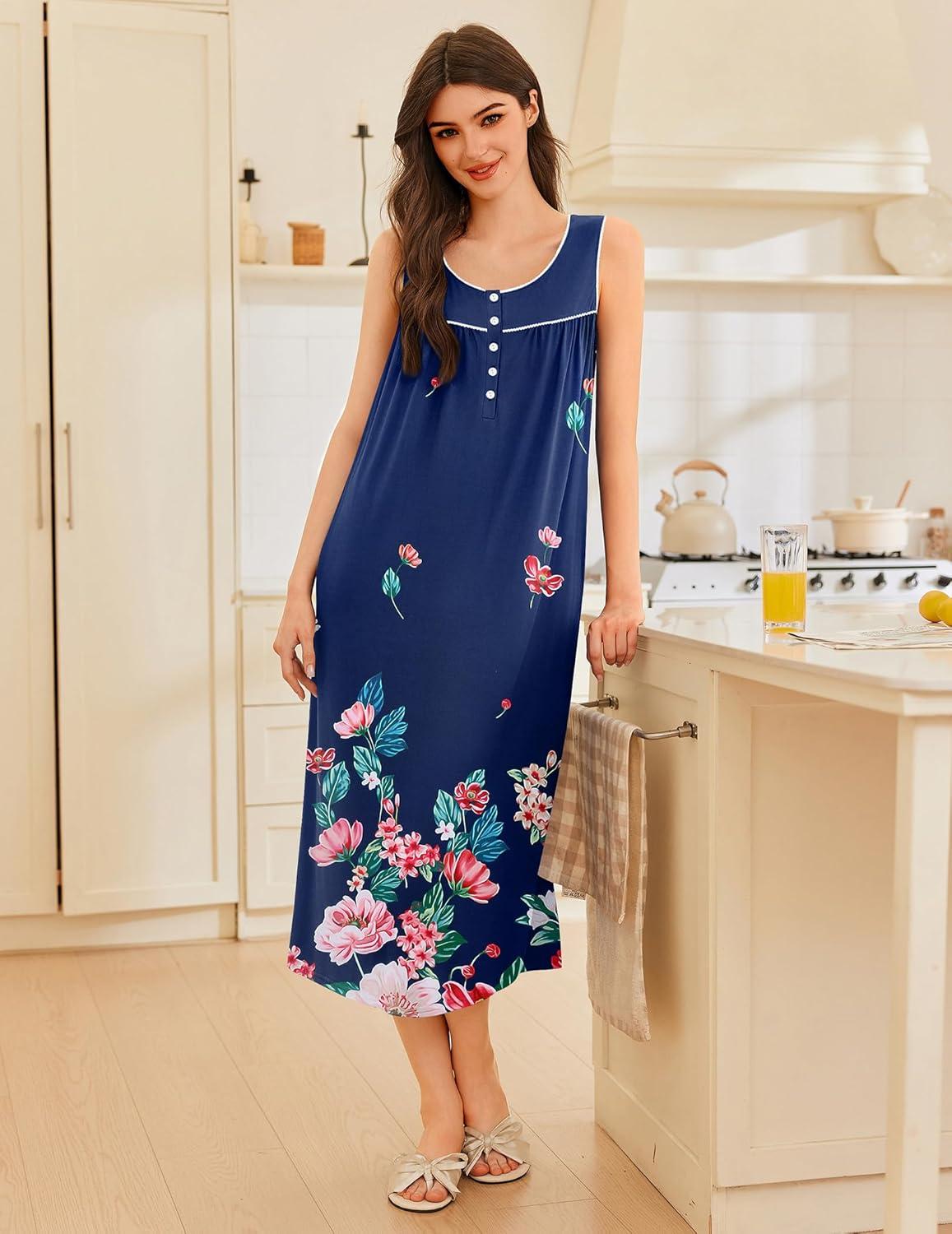 imageEkouaer Nightgowns for Women Long Sleeveless Night Gowns Ladies Soft Nightdress Victorian Sleepwear with Pockets SXXXLBlue Red Flower