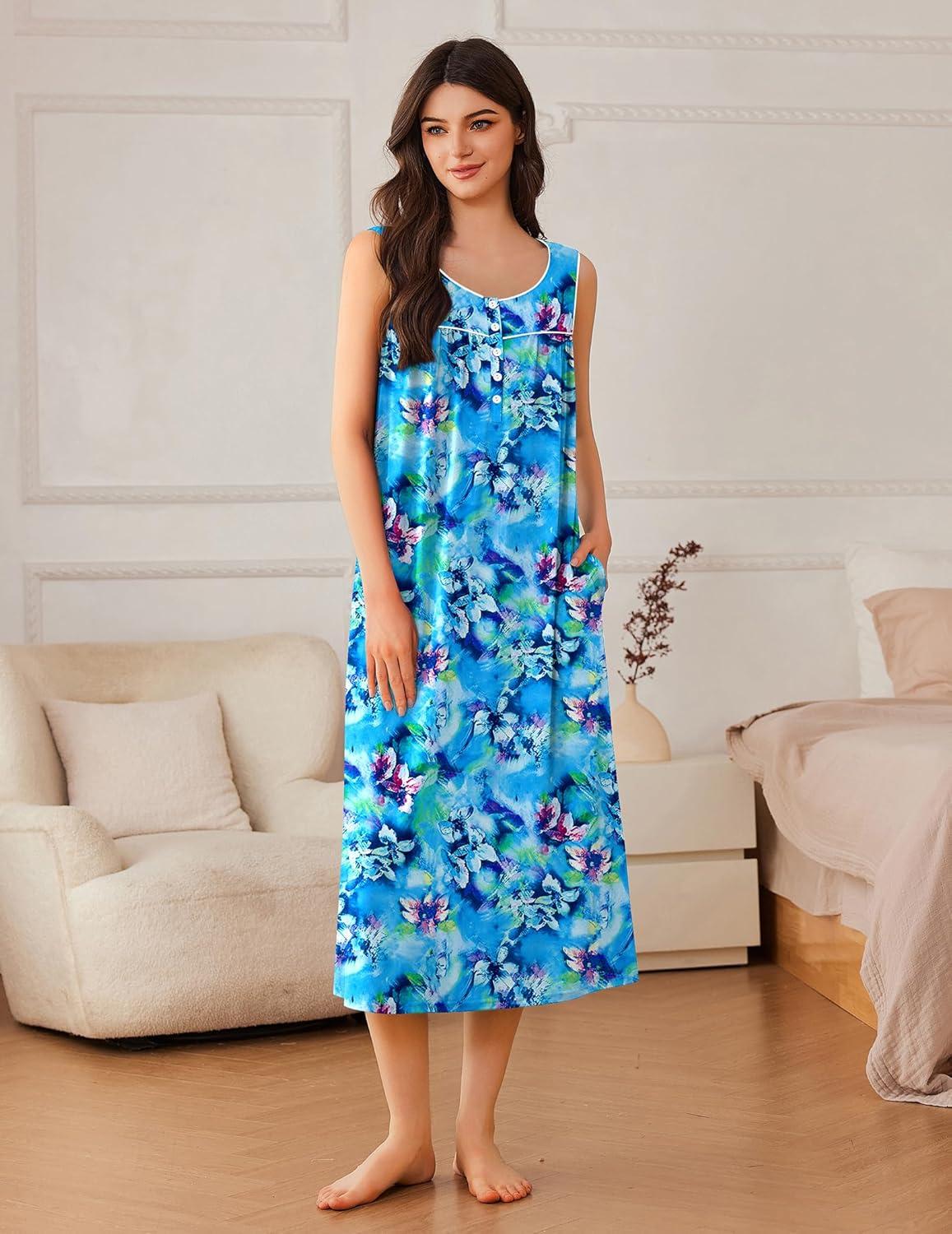 imageEkouaer Nightgowns for Women Long Sleeveless Night Gowns Ladies Soft Nightdress Victorian Sleepwear with Pockets SXXXLBlue Tie Dye
