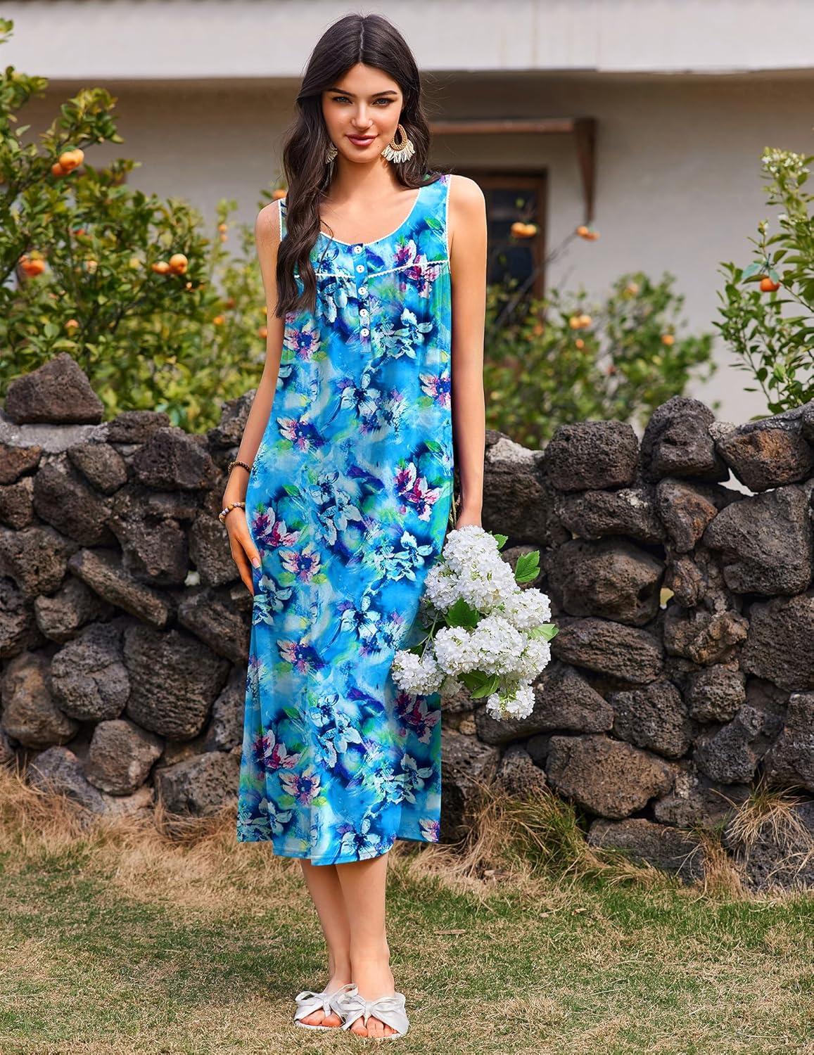 imageEkouaer Nightgowns for Women Long Sleeveless Night Gowns Ladies Soft Nightdress Victorian Sleepwear with Pockets SXXXLBlue Tie Dye