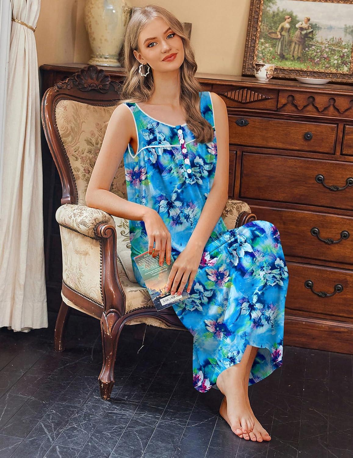 imageEkouaer Nightgowns for Women Long Sleeveless Night Gowns Ladies Soft Nightdress Victorian Sleepwear with Pockets SXXXLBlue Tie Dye