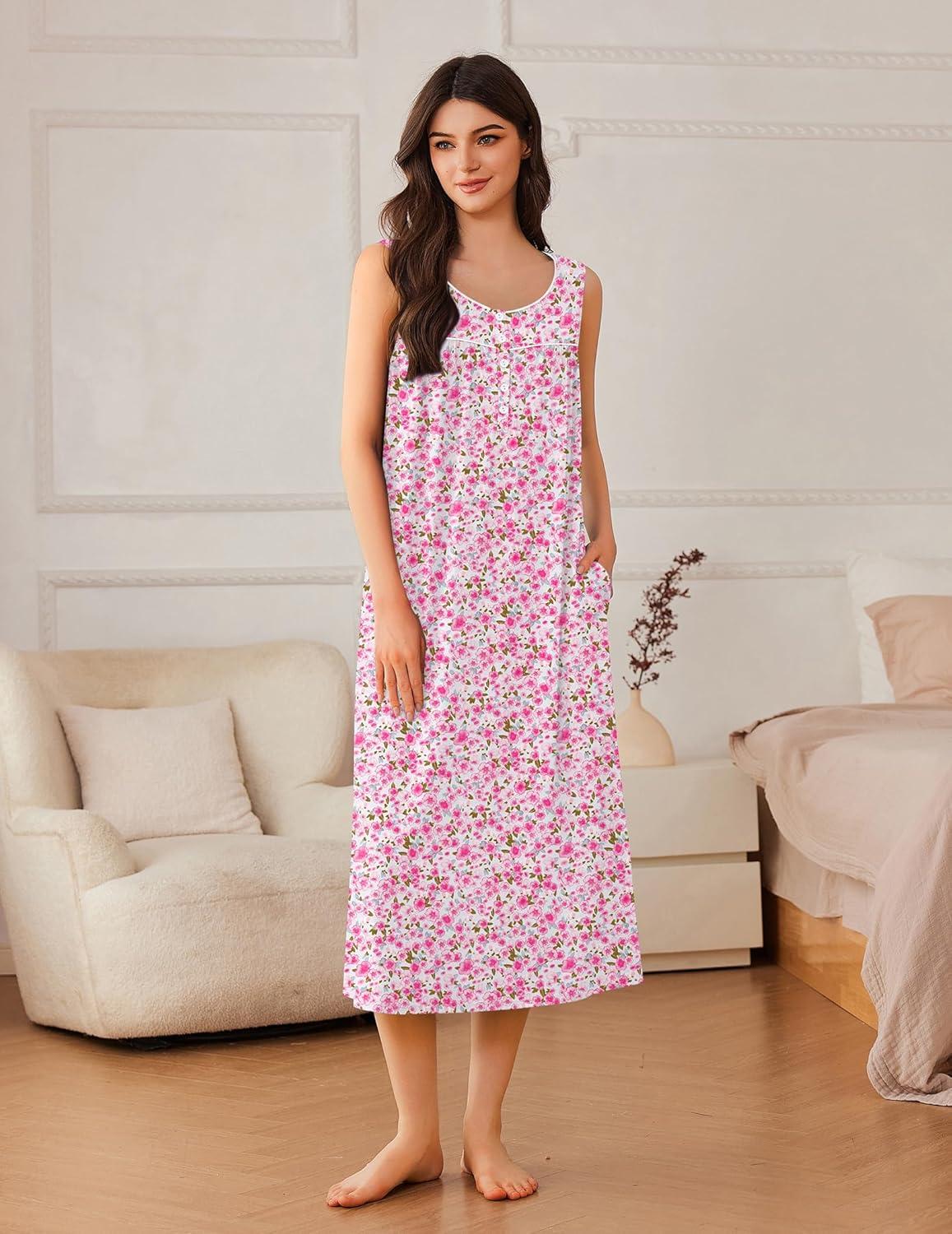 imageEkouaer Nightgowns for Women Long Sleeveless Night Gowns Ladies Soft Nightdress Victorian Sleepwear with Pockets SXXXLPink Florals