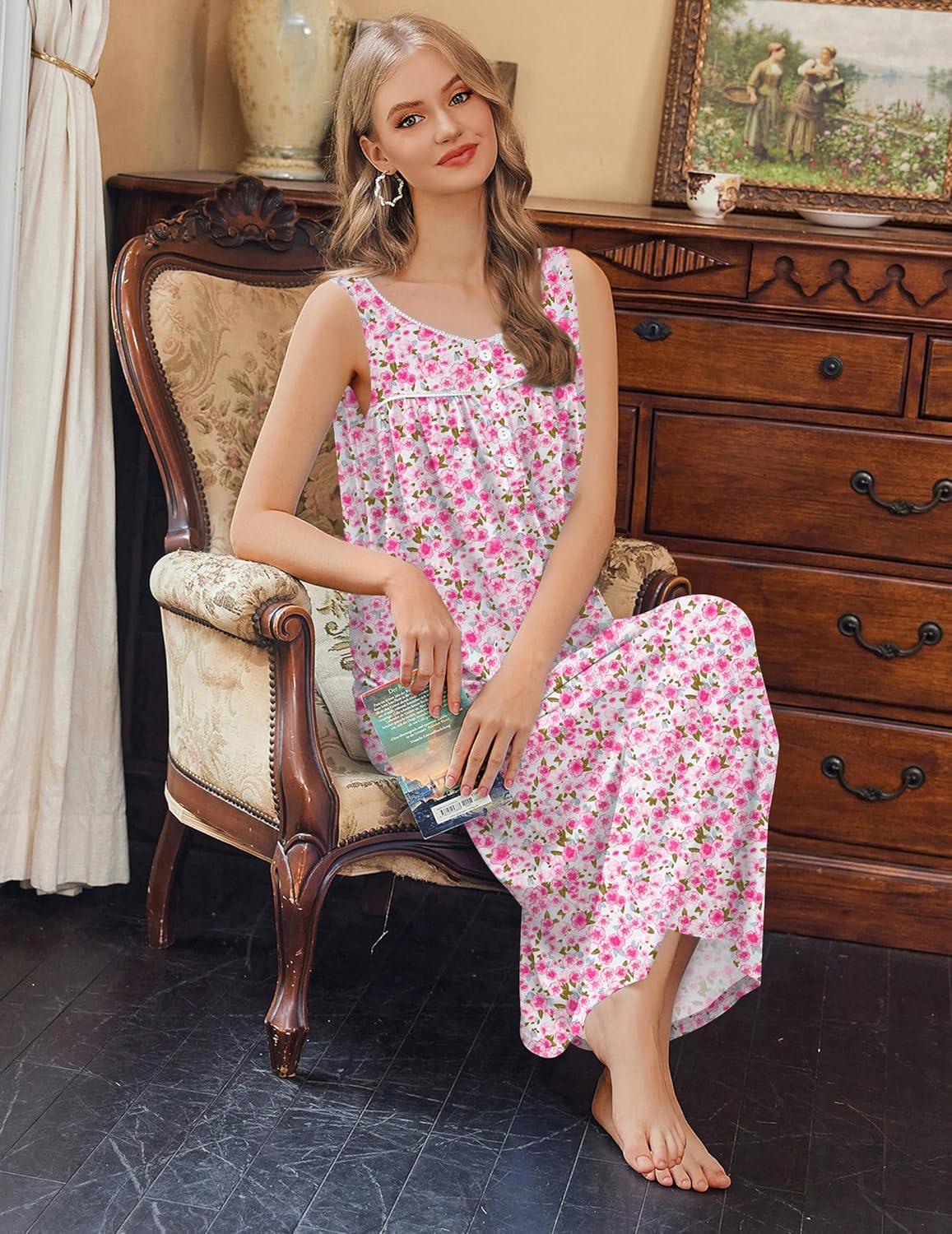 imageEkouaer Nightgowns for Women Long Sleeveless Night Gowns Ladies Soft Nightdress Victorian Sleepwear with Pockets SXXXLPink Florals
