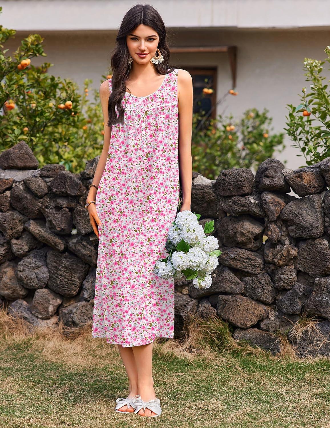 imageEkouaer Nightgowns for Women Long Sleeveless Night Gowns Ladies Soft Nightdress Victorian Sleepwear with Pockets SXXXLPink Florals