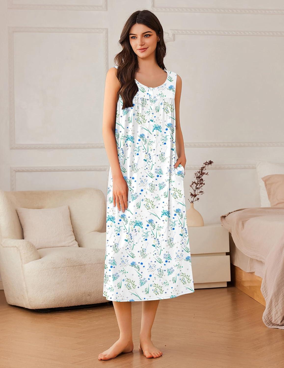 imageEkouaer Nightgowns for Women Long Sleeveless Night Gowns Ladies Soft Nightdress Victorian Sleepwear with Pockets SXXXLWhite Botanical Flowers