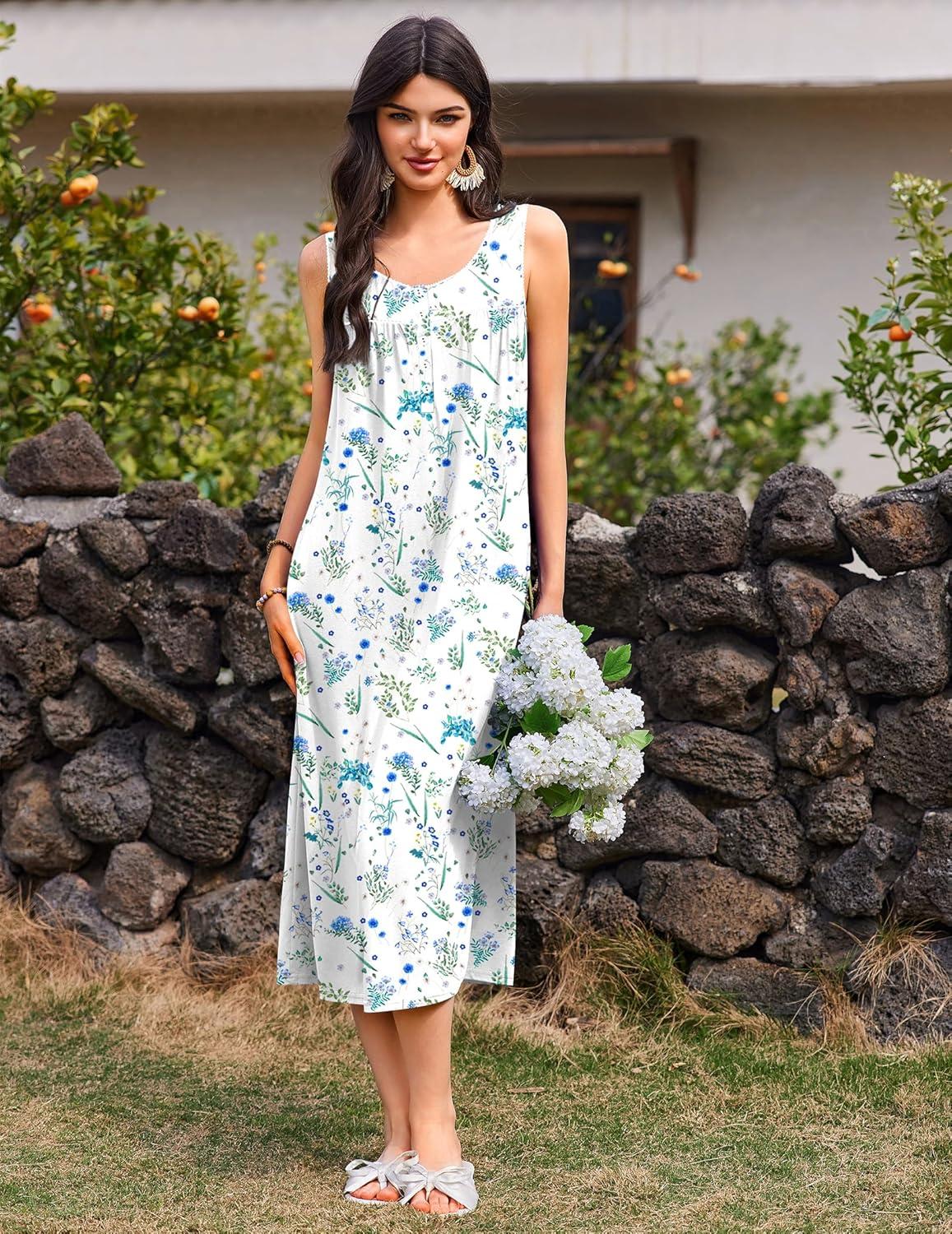 imageEkouaer Nightgowns for Women Long Sleeveless Night Gowns Ladies Soft Nightdress Victorian Sleepwear with Pockets SXXXLWhite Botanical Flowers