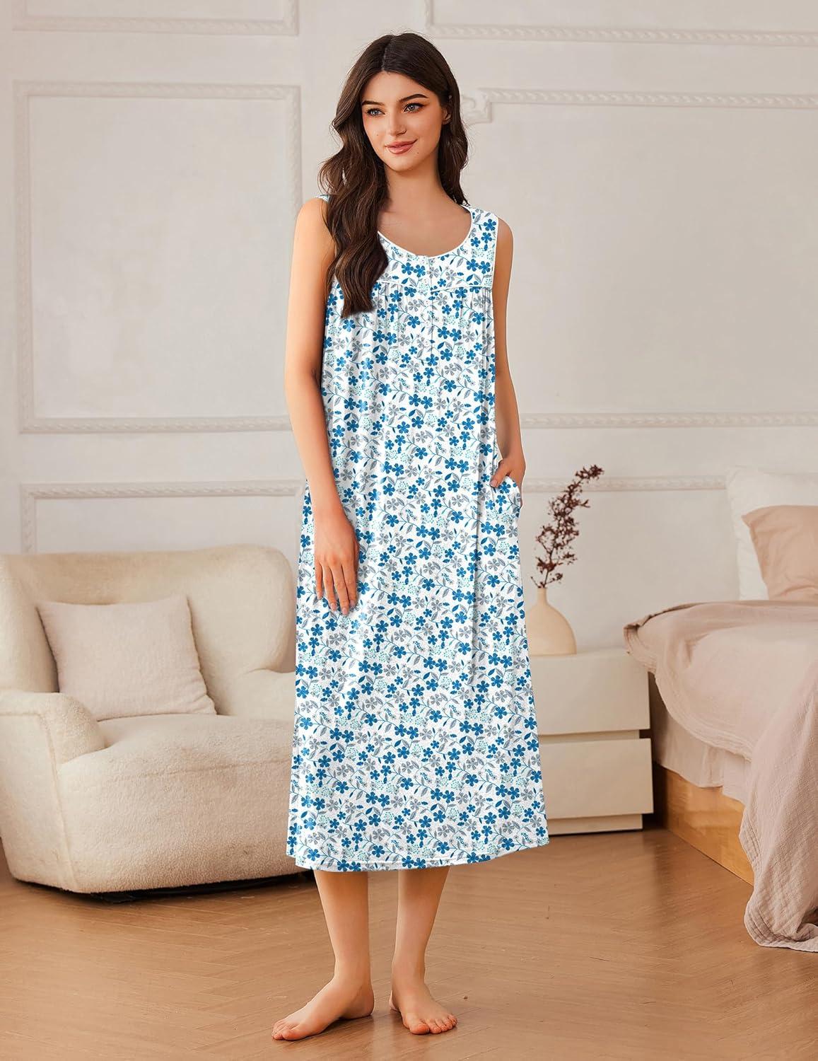 imageEkouaer Nightgowns for Women Long Sleeveless Night Gowns Ladies Soft Nightdress Victorian Sleepwear with Pockets SXXXLWhite Flower Print