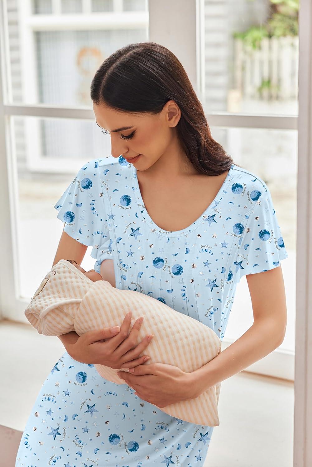imageEkouaer Nursing Nightgown Labor and Delivery Gown Hospital Breastfeeding Dress for Women Short Sleeve Maternity SleepwearBlue Star