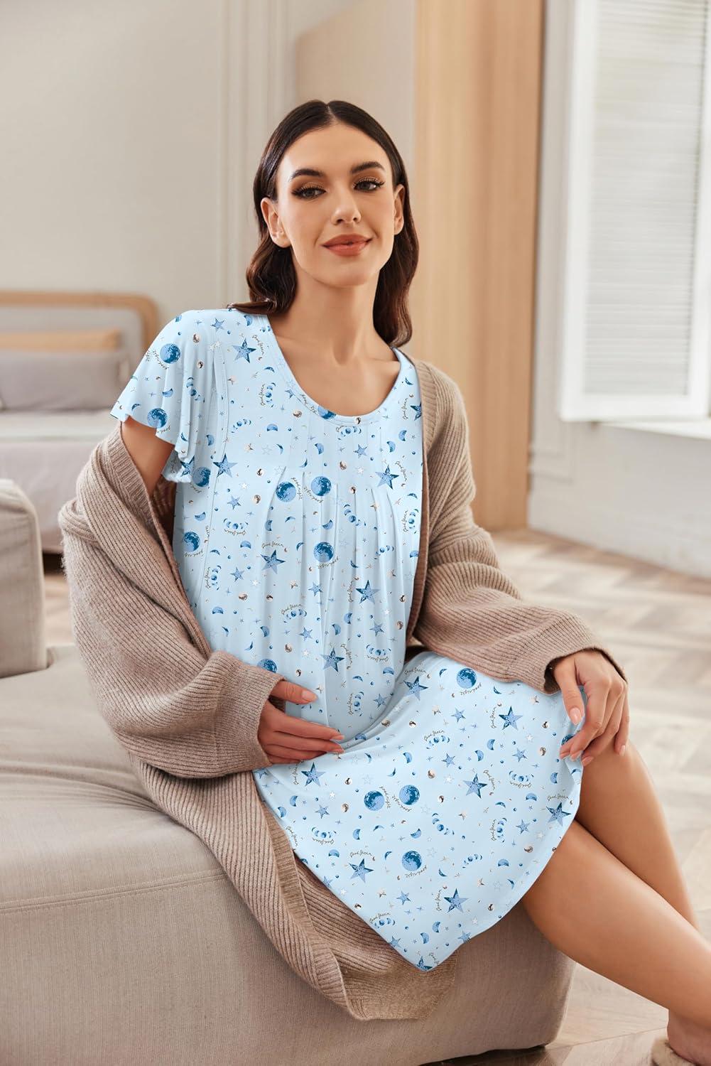 imageEkouaer Nursing Nightgown Labor and Delivery Gown Hospital Breastfeeding Dress for Women Short Sleeve Maternity SleepwearBlue Star