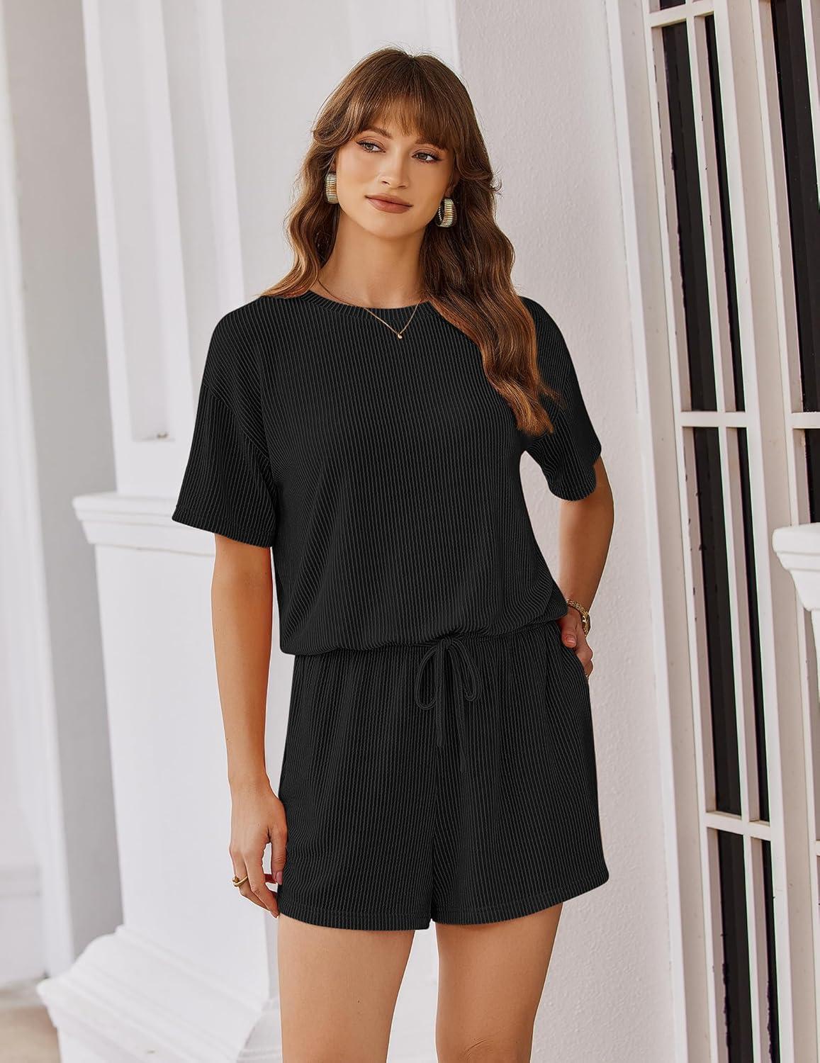 imageEkouaer Rompers for Women 2026 Short Sleeve Ribbed Casual Loose Shorts Jumpsuits Pocket Beach Vacation OutfitsBlack