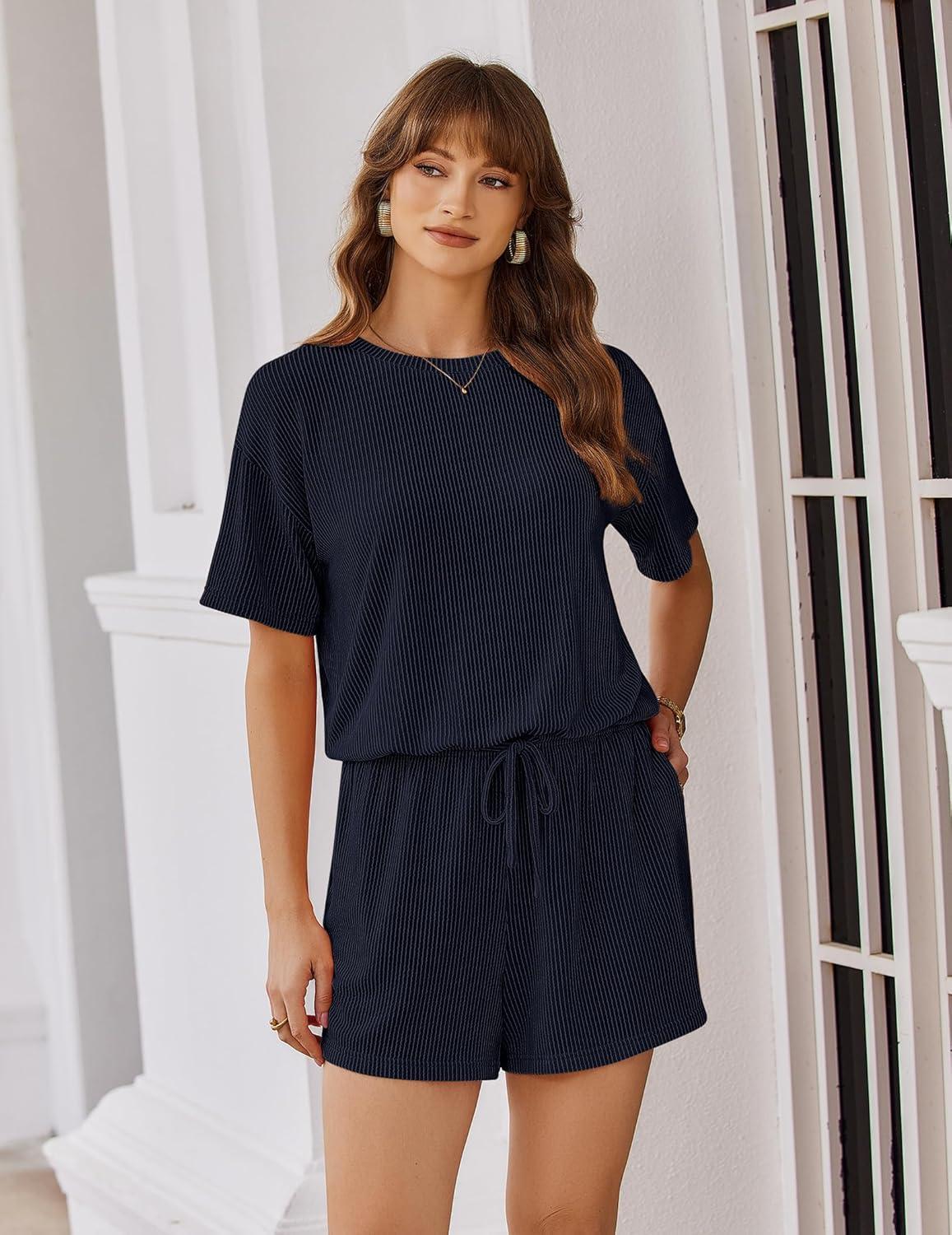 imageEkouaer Rompers for Women 2026 Short Sleeve Ribbed Casual Loose Shorts Jumpsuits Pocket Beach Vacation OutfitsNavy