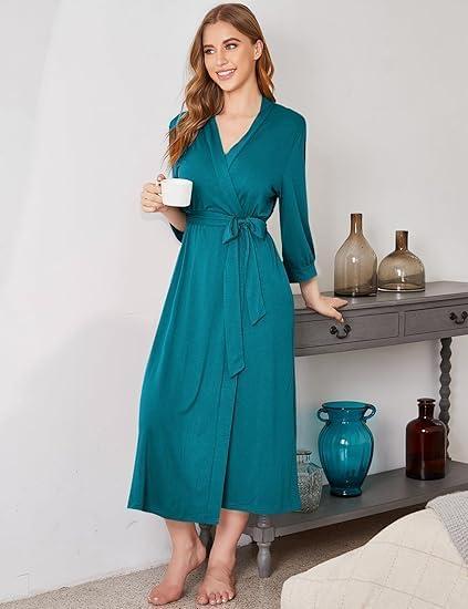 imageEkouaer Women Robe Long Knit Bathrobe Lightweight Soft Summer kimono Robes Casual Loungewear with Attached beltBlue Green