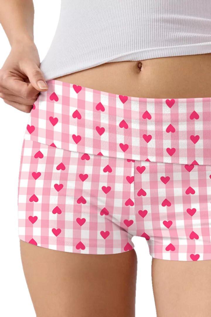 imageEkouaer Womens Fold Over Shorts Sexy Low Waist Lounge Shorts Y2K Pajama Micro Bottoms Summer Foldover Sleep ShortsHeart Plaid