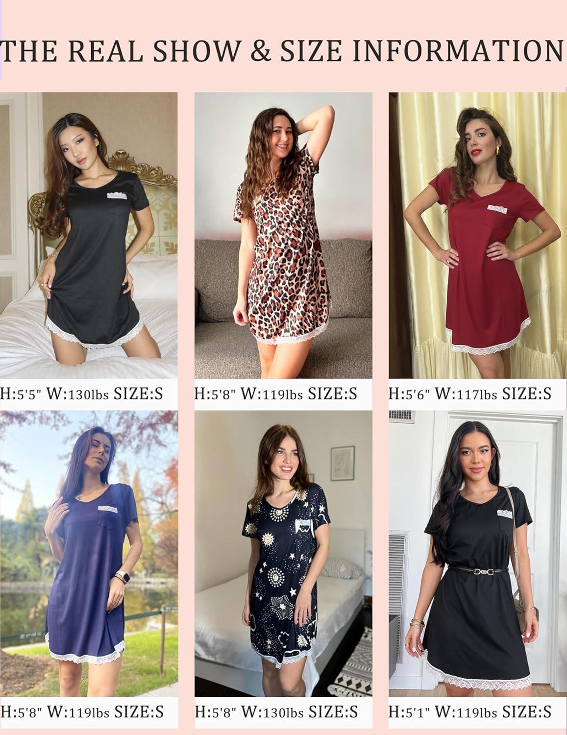 imageEkouaer Womens Nightgown Sleepwear Soft Sleepshirt Short Sleeve Lace Trim Nightshirt Sexy Pajama DressPurple Print
