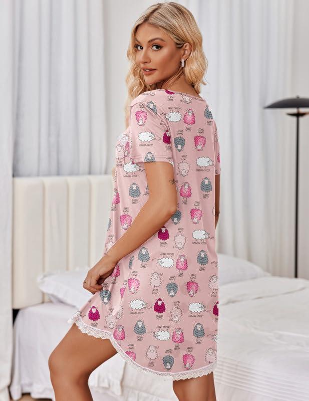 imageEkouaer Womens Nightgown Sleepwear Soft Sleepshirt Short Sleeve Lace Trim Nightshirt Sexy Pajama DressSheep Print