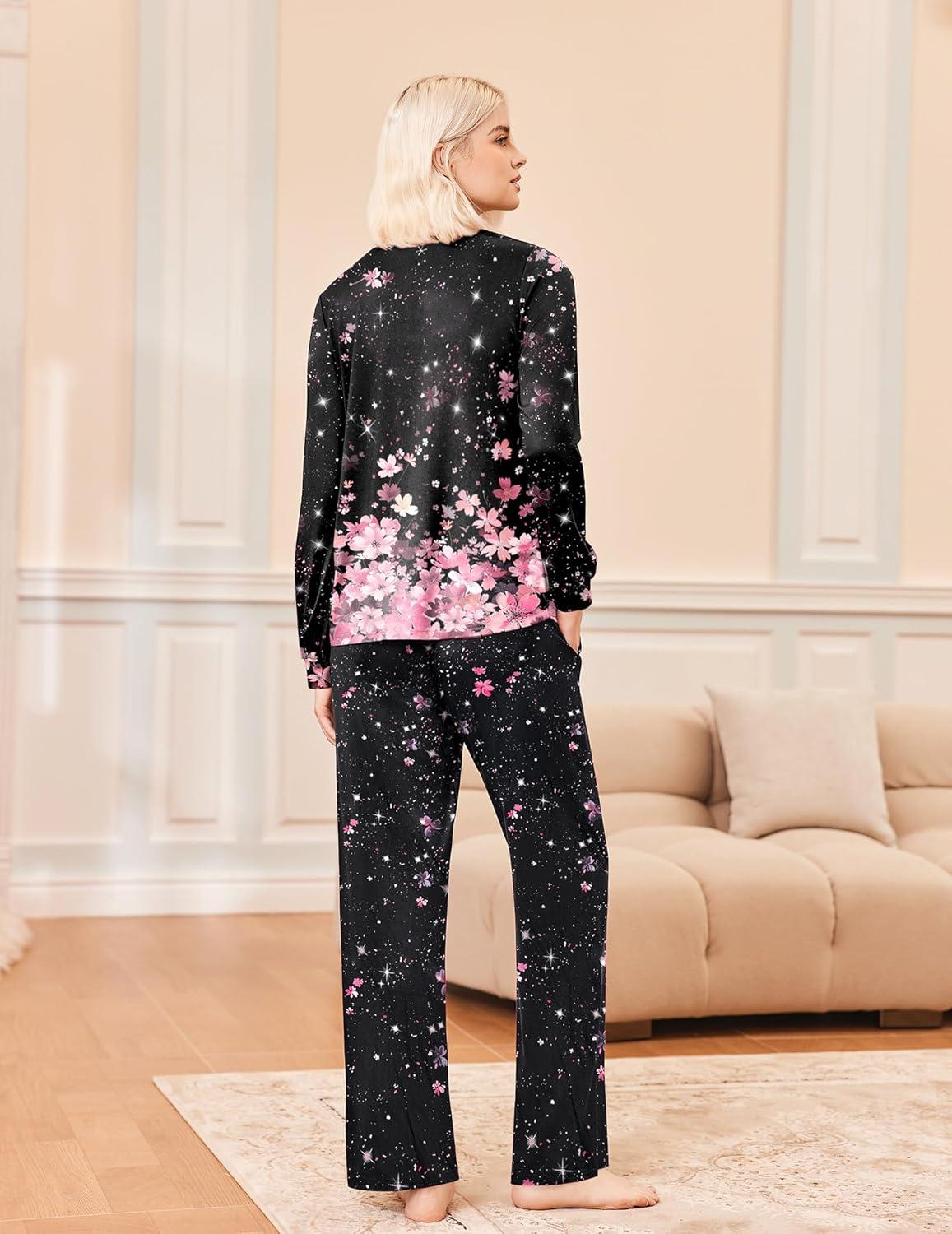 imageEkouaer Womens Pajama Sets Long Sleeve Sleepwear 2 Piece Lounge Set Soft Pjs NightwearBlackPink Print