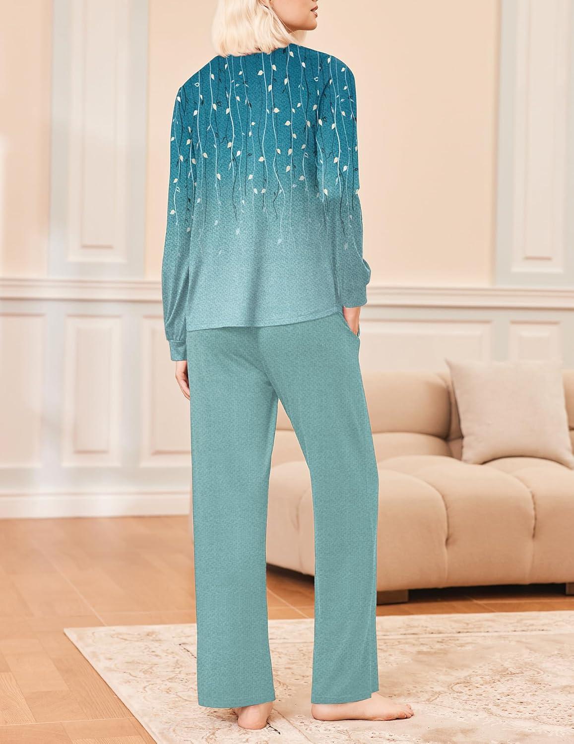 imageEkouaer Womens Pajama Sets Long Sleeve Sleepwear 2 Piece Lounge Set Soft Pjs NightwearBlueGreenLeaf