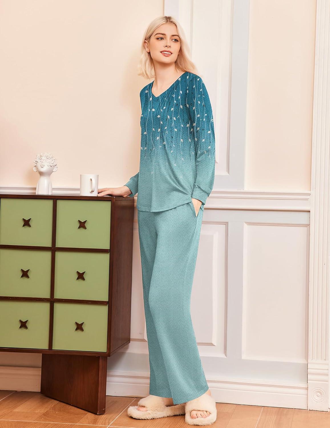 imageEkouaer Womens Pajama Sets Long Sleeve Sleepwear 2 Piece Lounge Set Soft Pjs NightwearBlueGreenLeaf