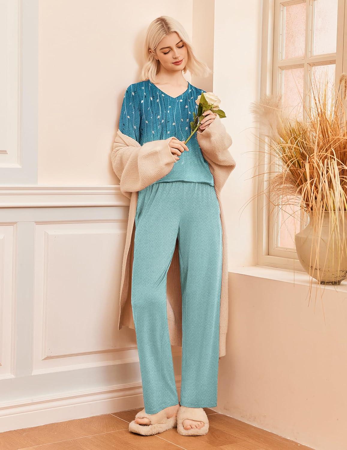 imageEkouaer Womens Pajama Sets Long Sleeve Sleepwear 2 Piece Lounge Set Soft Pjs NightwearBlueGreenLeaf