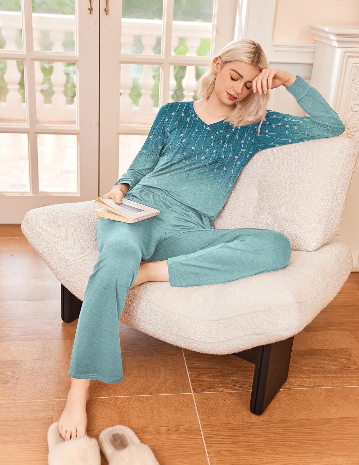 imageEkouaer Womens Pajama Sets Long Sleeve Sleepwear 2 Piece Lounge Set Soft Pjs NightwearBlueGreenLeaf
